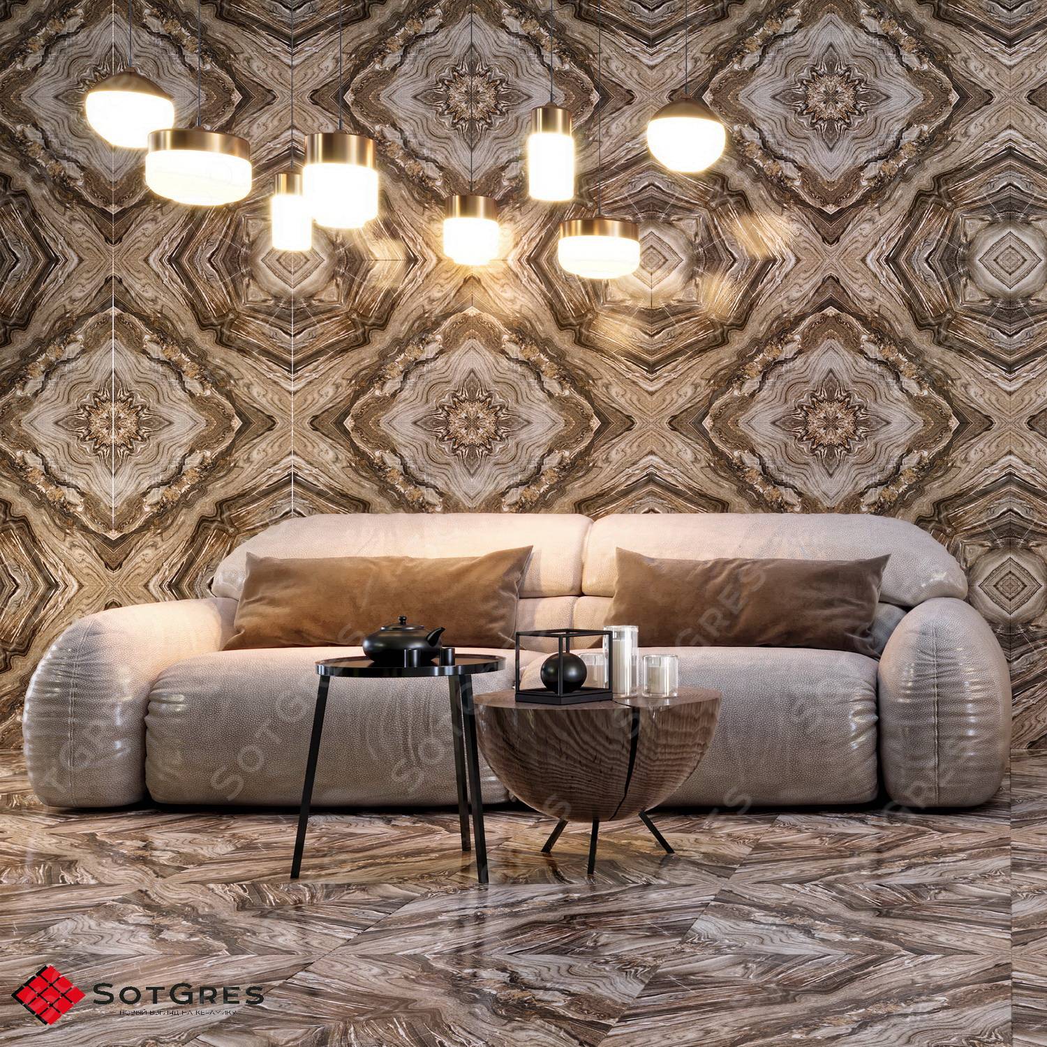 BOOKMATCH FLOURDIC /60х60/ глянцевый керамический гранит панно, бежевый и коричневый декор для пола и стен