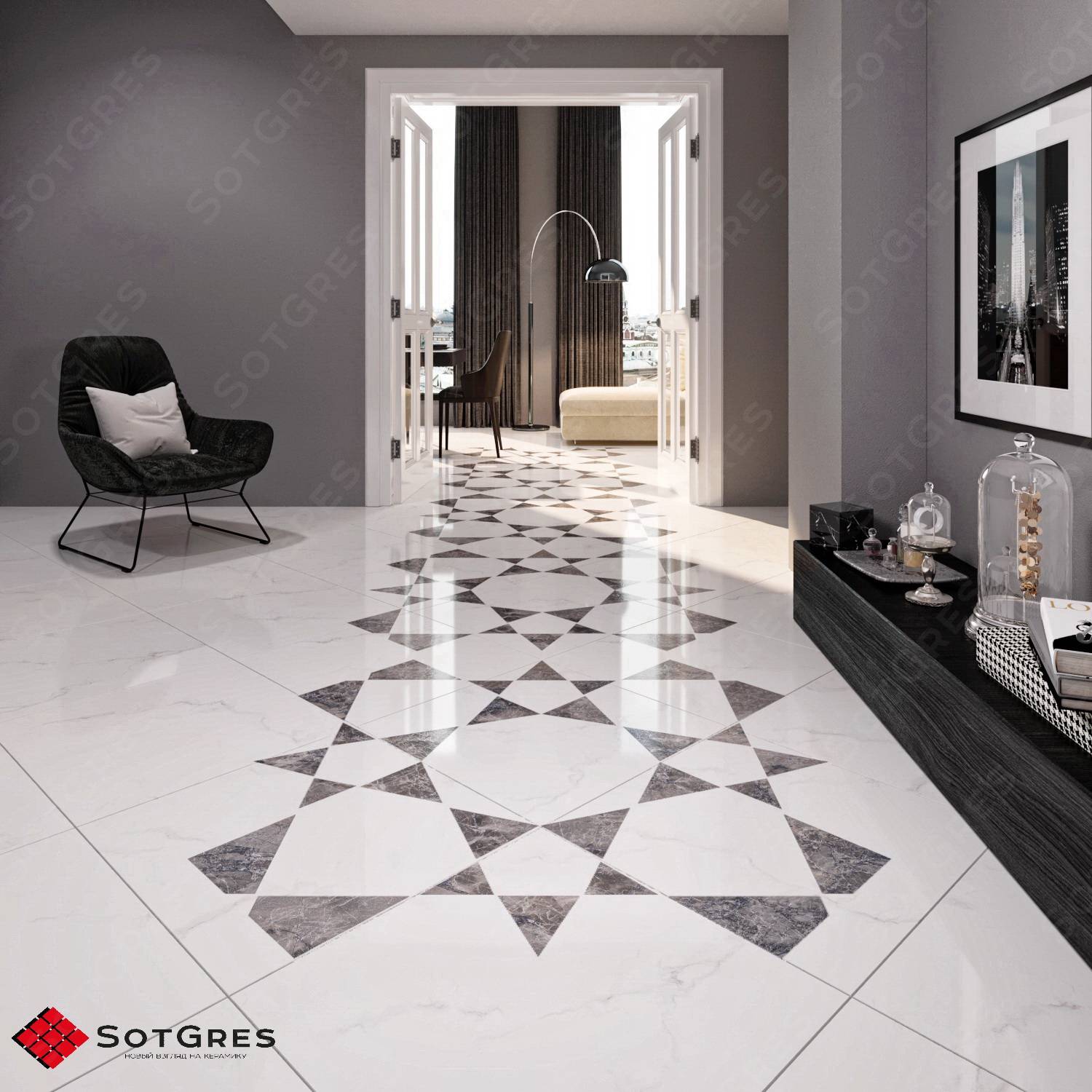 STATURIO /60х60/ глянцевый белый керамический гранит под мрамор