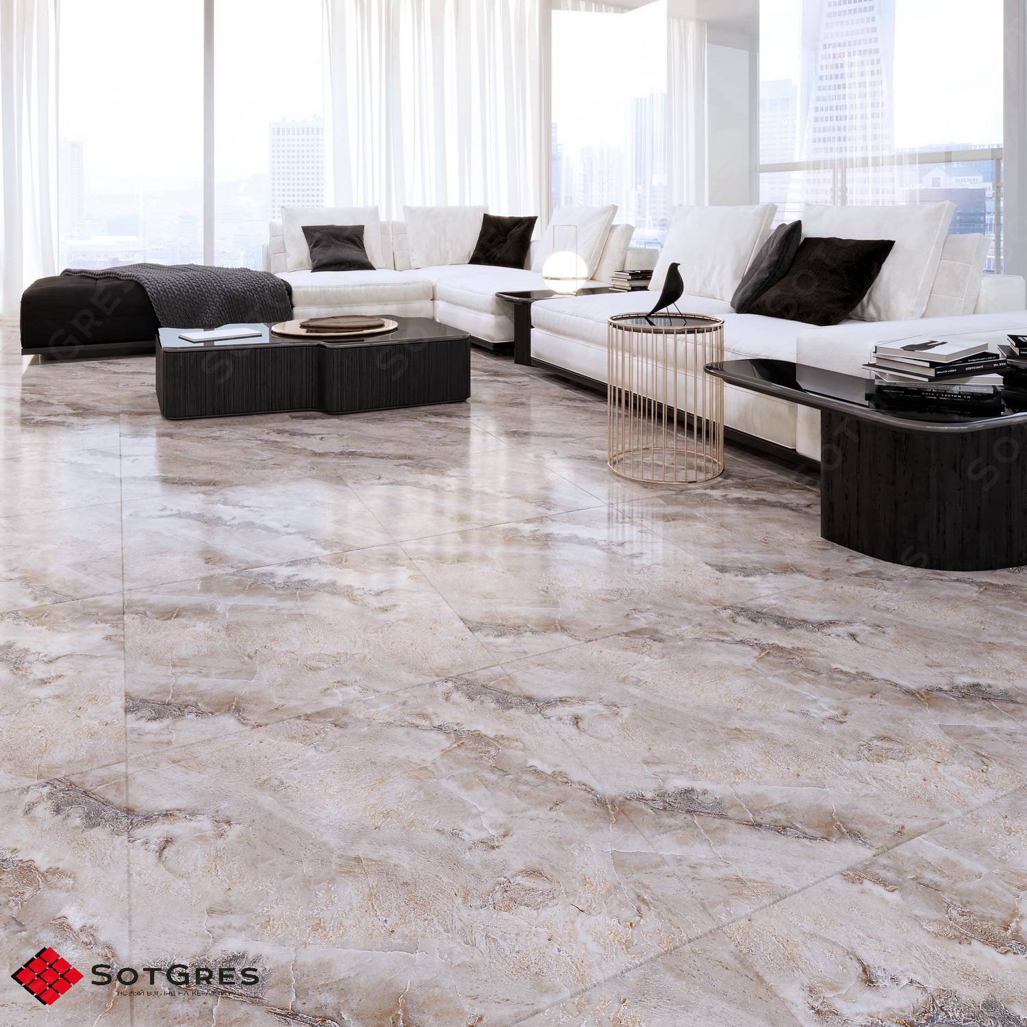 ONYX CELEO /60х60/ глянцевый бежево-серый керамический гранит под оникс