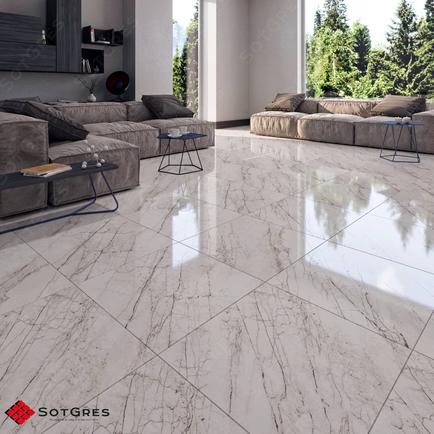 MITCHELL /60х60/ глянцевый белый керамический гранит - контрастный белый мрамор