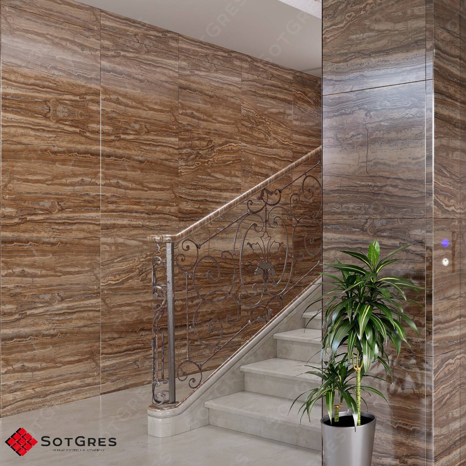 TIGER ONIX GRIS /60х60/ глянцевый керамический гранит под коричневый оникс похож на камень и дерево
