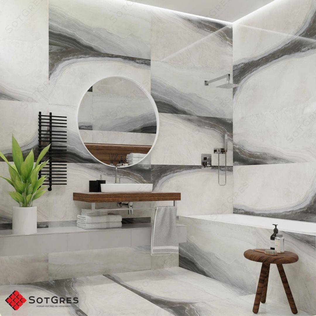 AGATA ONYX /60х120/ глянцевый керамический гранит под серый оникс с серо-фиолетовыми прожилками 