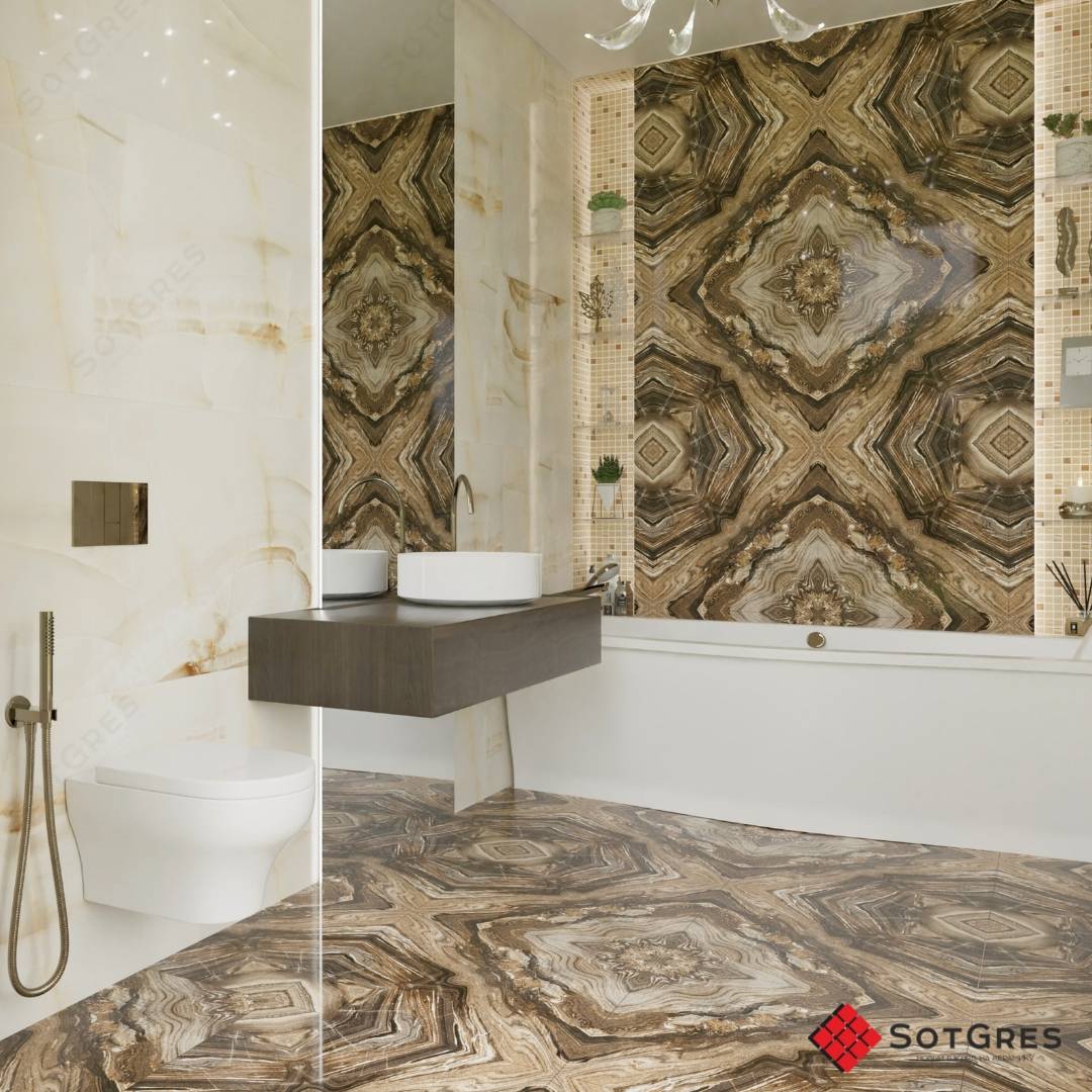 BOOKMATCH FLOURDIC /60х60/ глянцевый керамический гранит панно, бежевый и коричневый декор для пола и стен