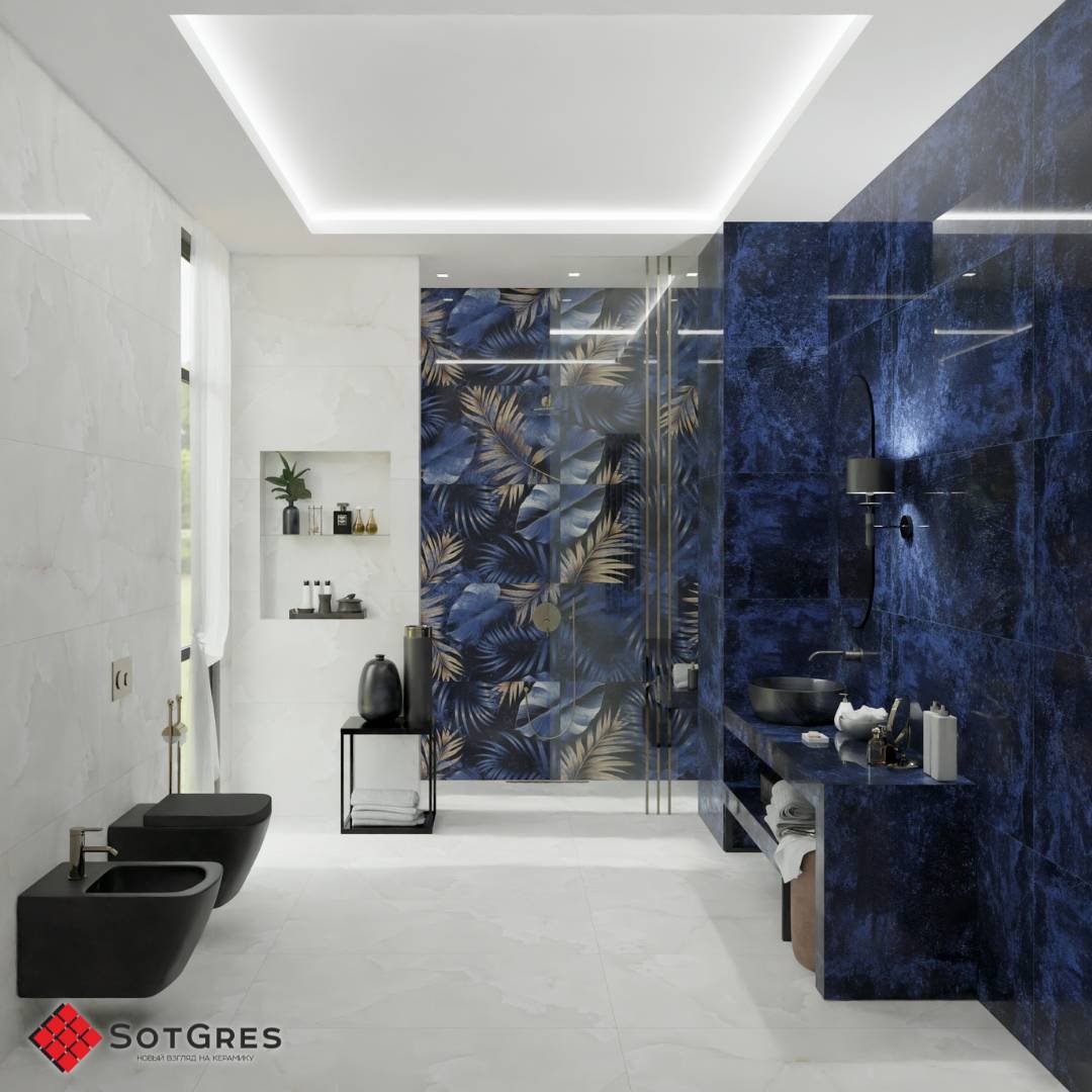 BELLIZA BLUE DECOR HG /120х60/ глянцевый тёмно-синий керамический гранит с рисунком листьев и двойной полировкой