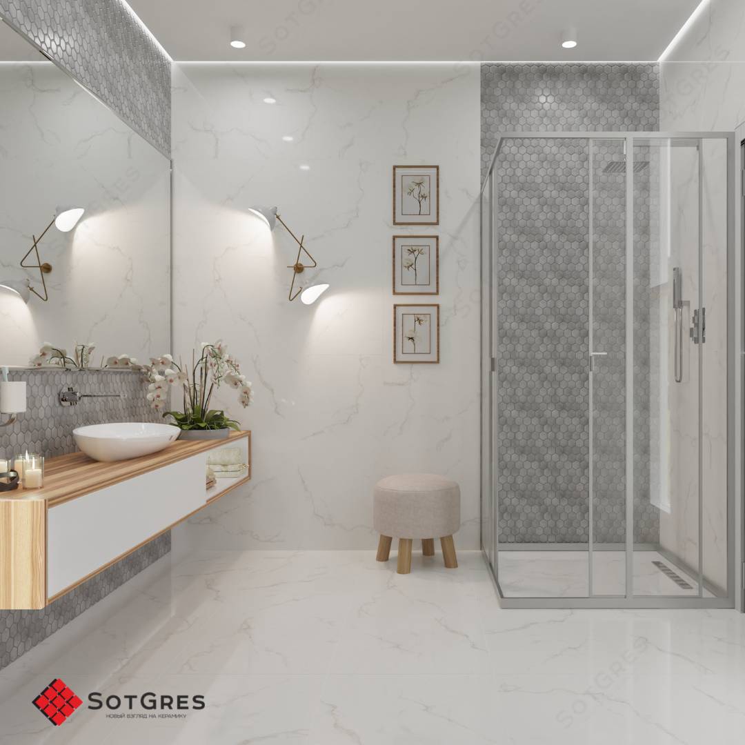 STATURIO /60х60/ глянцевый белый керамический гранит под мрамор