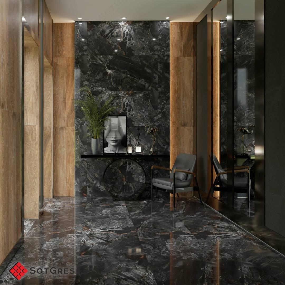 BLACK STAR HG /60х120/ глянцевый керамический гранит под мрамор с глубоким пепельным цветом и двойной полировкой