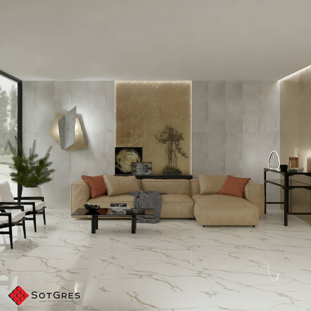 ZEXMON STATURIO /60х120/ глянцевый белый керамический гранит под белый мрамор с серо-бежевыми прожилками