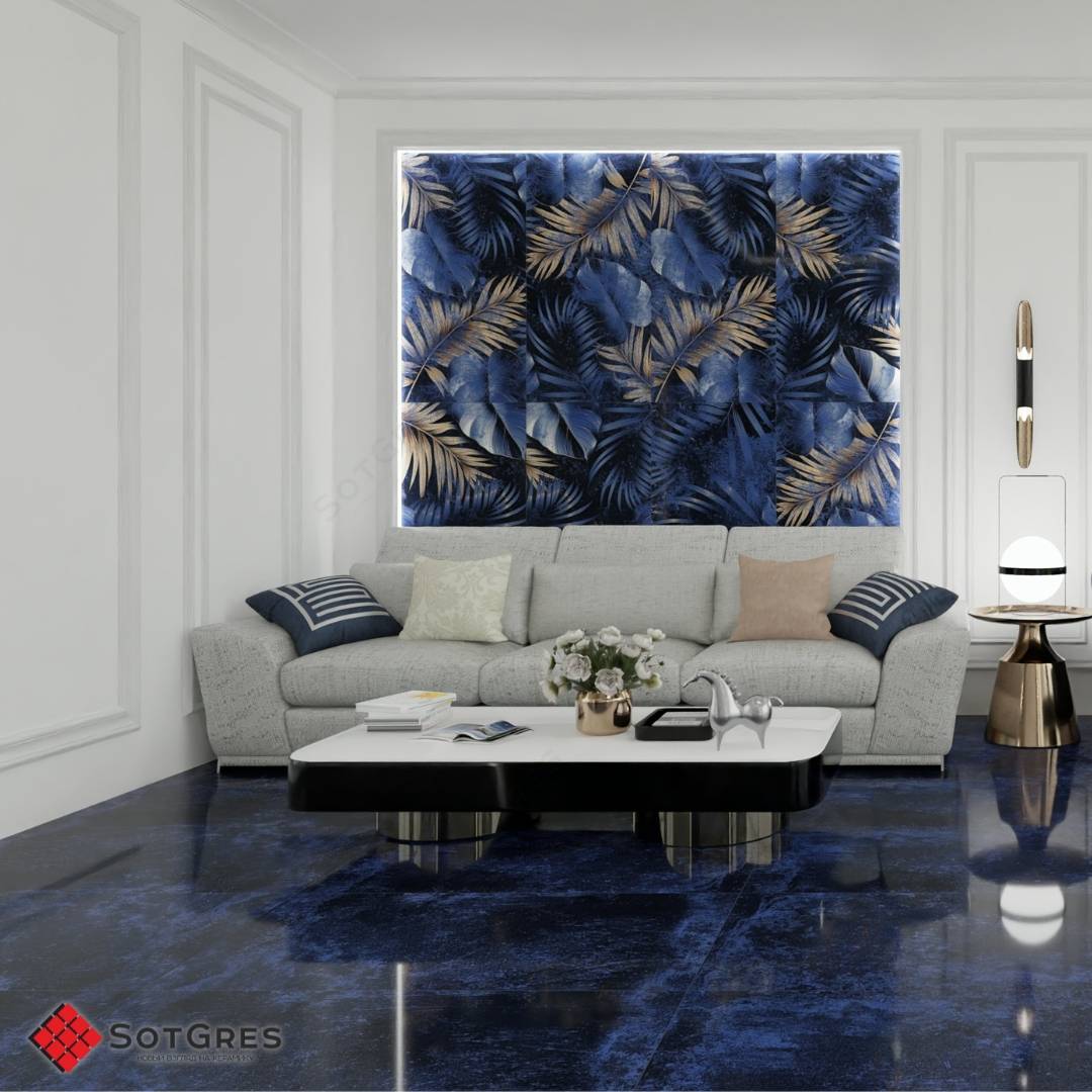 BELLIZA BLUE DECOR HG /120х60/ глянцевый тёмно-синий керамический гранит с рисунком листьев и двойной полировкой